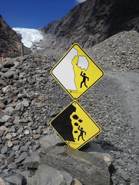 Warning signs at the Franz Joseph Glacier