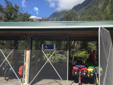 Bike parking at the Franz Joseph Glacier parking lot. 