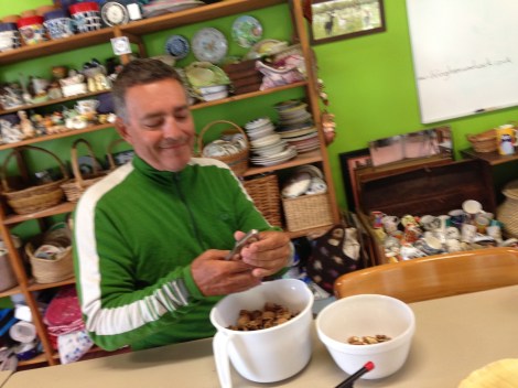 Jay shelling walnuts. 